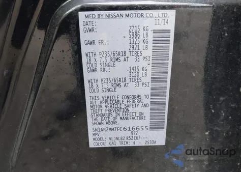 2015 Nissan Pathfinder S из США, поврежденный, VIN 5N1AR2MM7FC616655